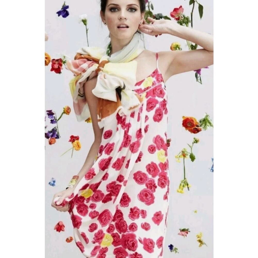 Anthropologie Moulinette Soeurs Dress Womens 0 Cream Pink Floral Silk Sleeveless